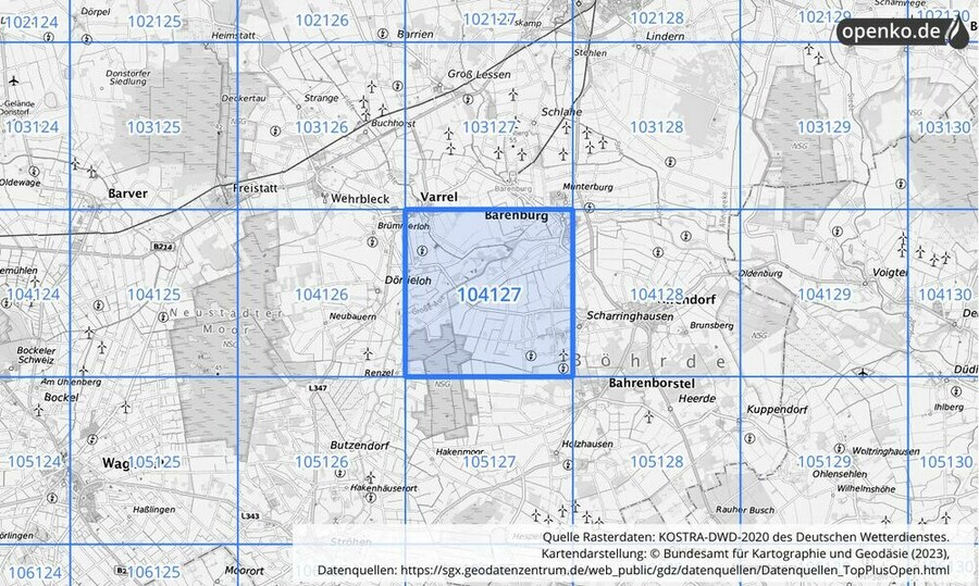 Übersichtskarte des KOSTRA-DWD-2020-Rasterfeldes Nr. 104127