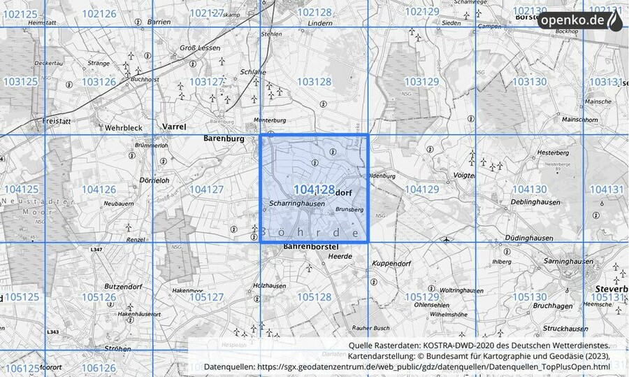 Übersichtskarte des KOSTRA-DWD-2020-Rasterfeldes Nr. 104128