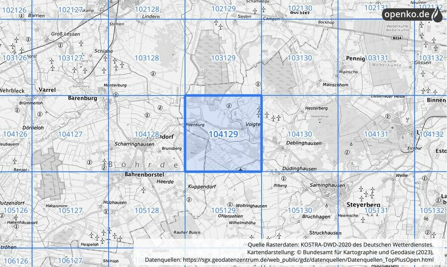 Übersichtskarte des KOSTRA-DWD-2020-Rasterfeldes Nr. 104129