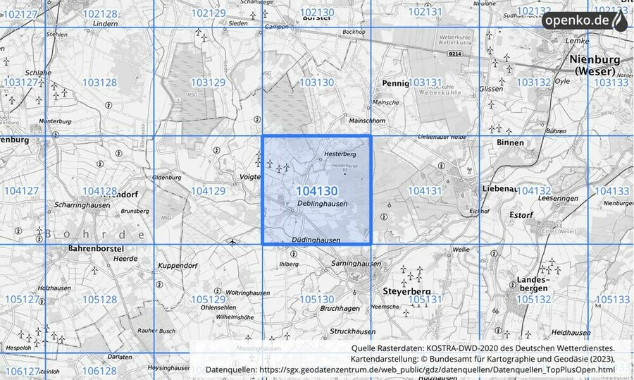 Übersichtskarte des KOSTRA-DWD-2020-Rasterfeldes Nr. 104130