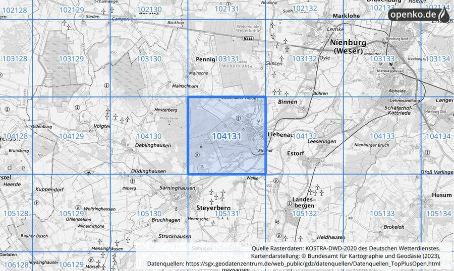 Übersichtskarte des KOSTRA-DWD-2020-Rasterfeldes Nr. 104131