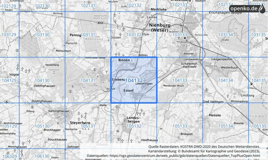Übersichtskarte des KOSTRA-DWD-2020-Rasterfeldes Nr. 104132