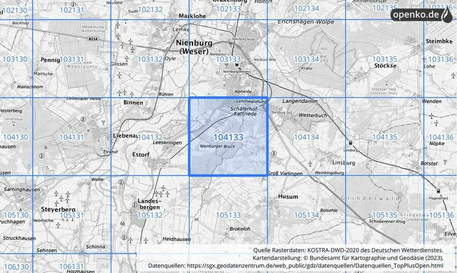 Übersichtskarte des KOSTRA-DWD-2020-Rasterfeldes Nr. 104133