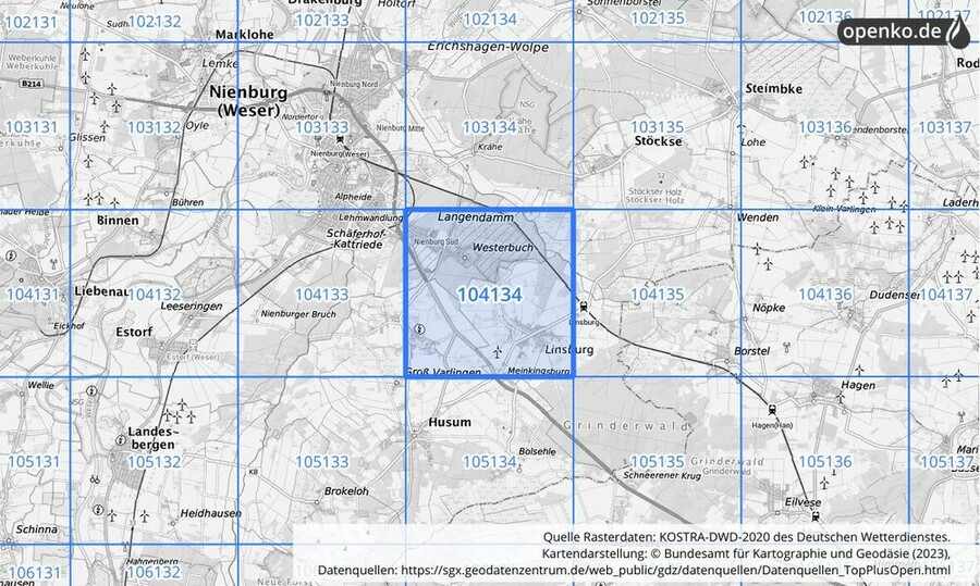 Übersichtskarte des KOSTRA-DWD-2020-Rasterfeldes Nr. 104134