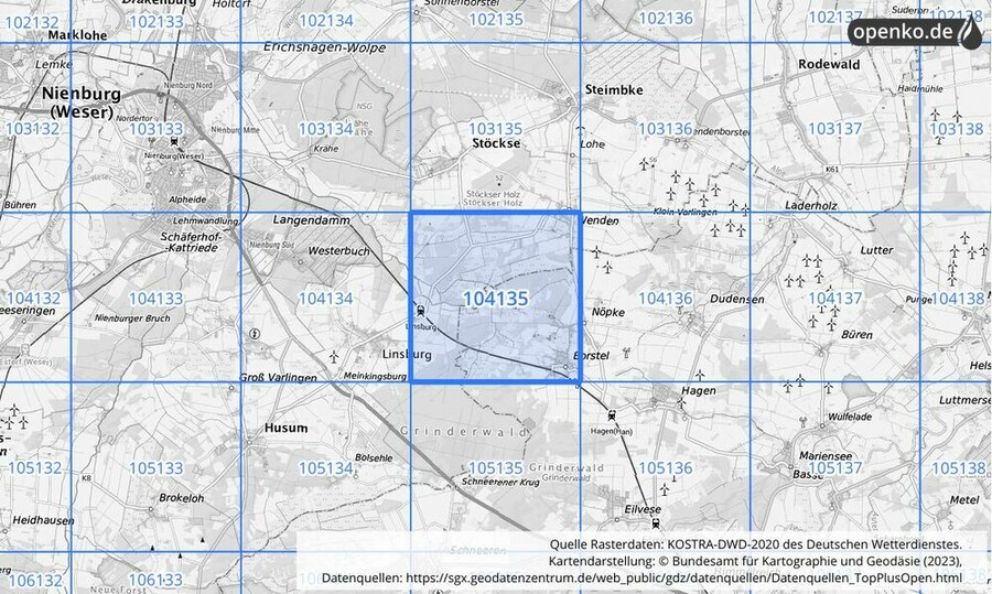 Übersichtskarte des KOSTRA-DWD-2020-Rasterfeldes Nr. 104135