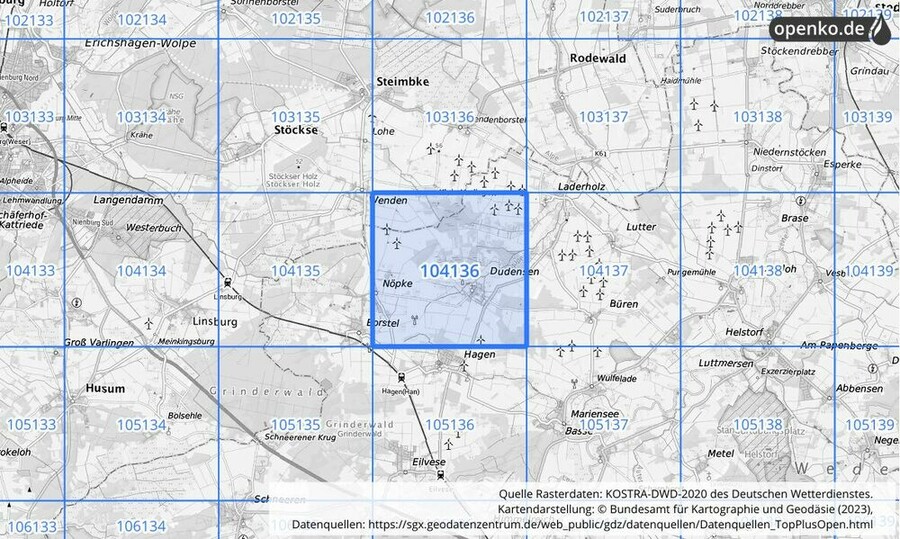 Übersichtskarte des KOSTRA-DWD-2020-Rasterfeldes Nr. 104136