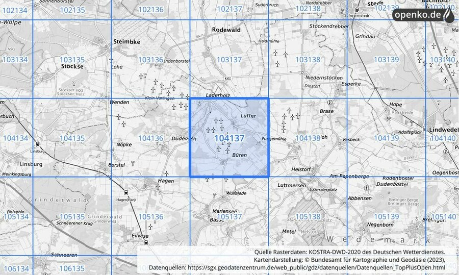 Übersichtskarte des KOSTRA-DWD-2020-Rasterfeldes Nr. 104137