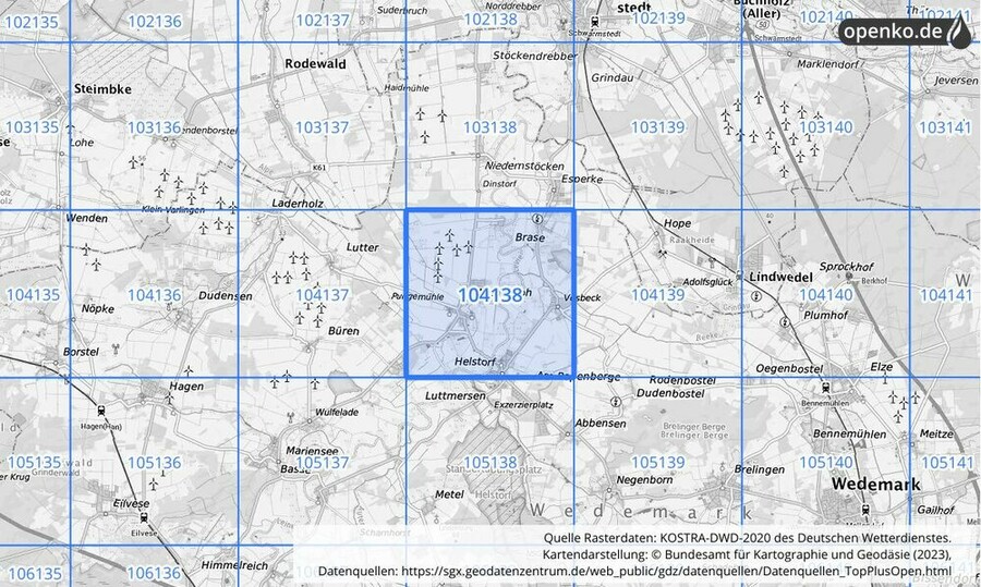 Übersichtskarte des KOSTRA-DWD-2020-Rasterfeldes Nr. 104138