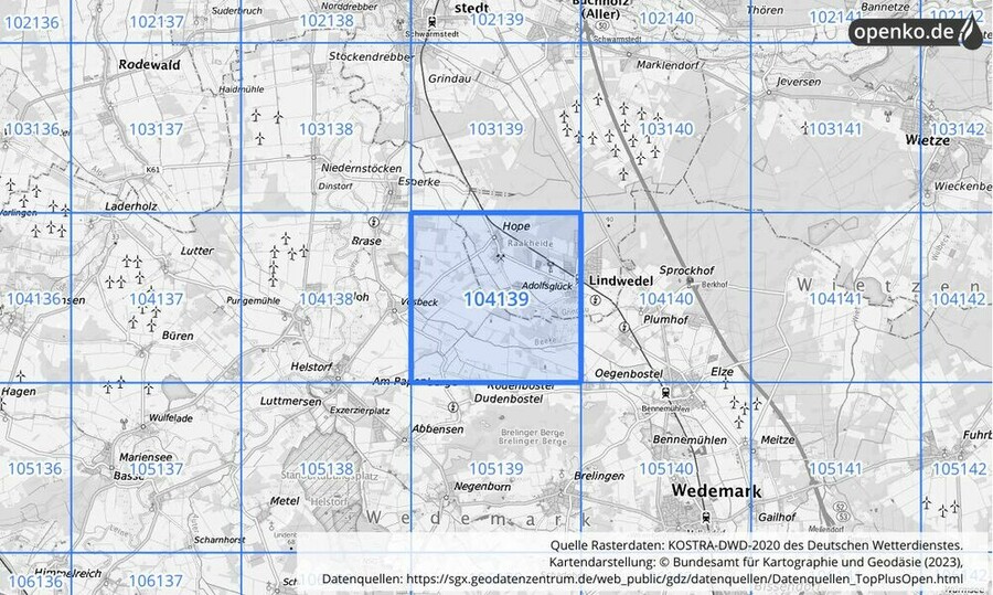 Übersichtskarte des KOSTRA-DWD-2020-Rasterfeldes Nr. 104139