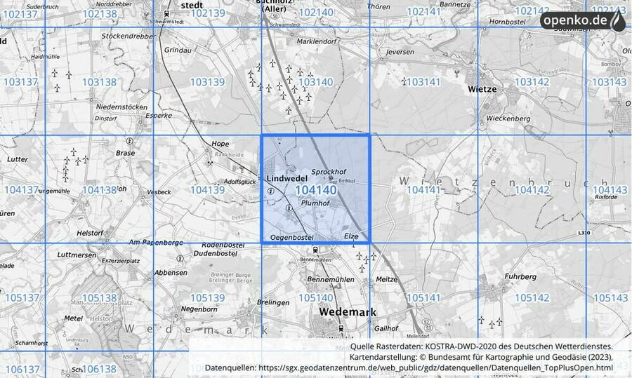 Übersichtskarte des KOSTRA-DWD-2020-Rasterfeldes Nr. 104140