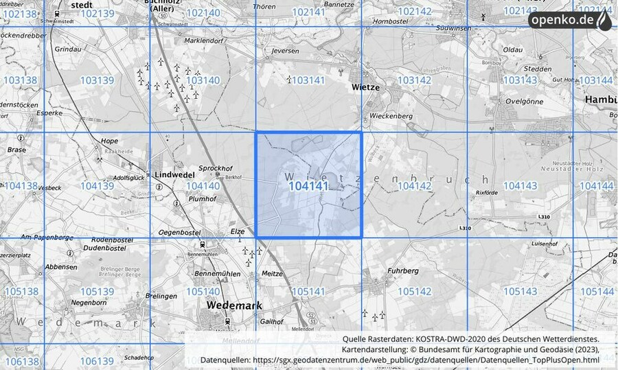 Übersichtskarte des KOSTRA-DWD-2020-Rasterfeldes Nr. 104141