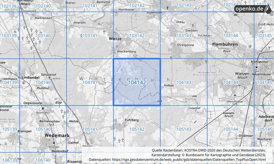 Übersichtskarte des KOSTRA-DWD-2020-Rasterfeldes Nr. 104142