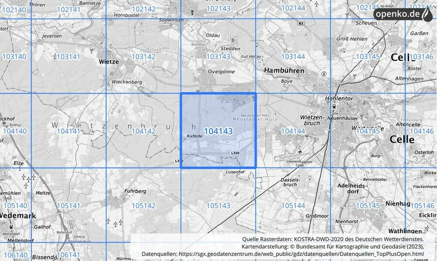 Übersichtskarte des KOSTRA-DWD-2020-Rasterfeldes Nr. 104143