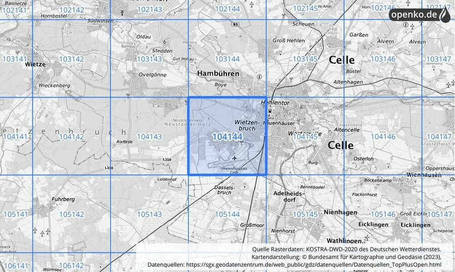 Übersichtskarte des KOSTRA-DWD-2020-Rasterfeldes Nr. 104144