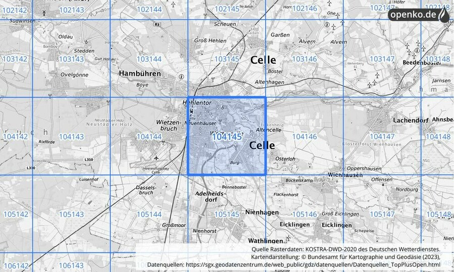 Übersichtskarte des KOSTRA-DWD-2020-Rasterfeldes Nr. 104145