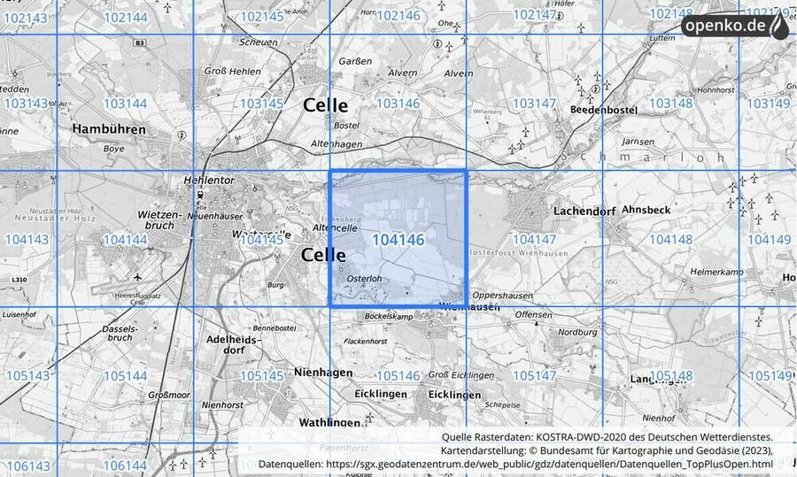 Übersichtskarte des KOSTRA-DWD-2020-Rasterfeldes Nr. 104146