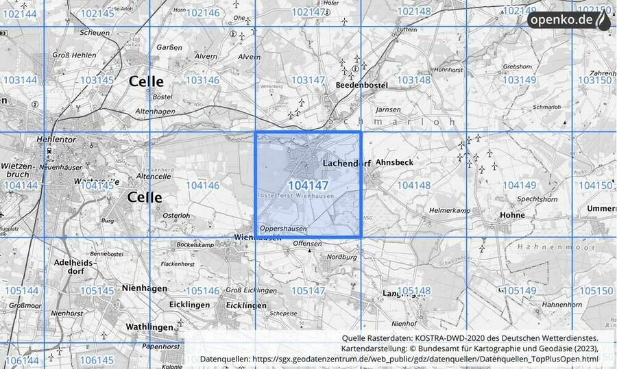 Übersichtskarte des KOSTRA-DWD-2020-Rasterfeldes Nr. 104147