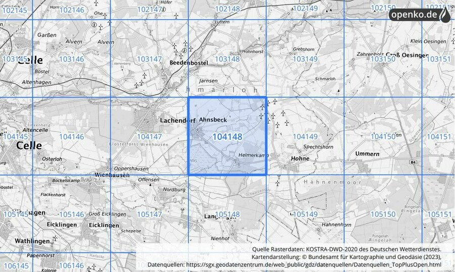 Übersichtskarte des KOSTRA-DWD-2020-Rasterfeldes Nr. 104148