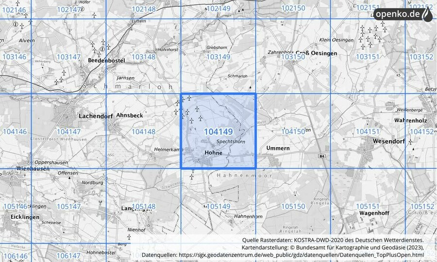 Übersichtskarte des KOSTRA-DWD-2020-Rasterfeldes Nr. 104149