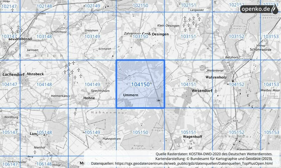 Übersichtskarte des KOSTRA-DWD-2020-Rasterfeldes Nr. 104150