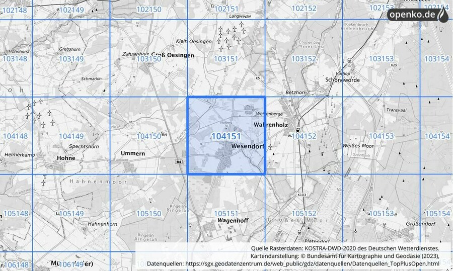 Übersichtskarte des KOSTRA-DWD-2020-Rasterfeldes Nr. 104151