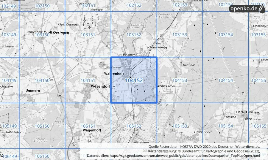 Übersichtskarte des KOSTRA-DWD-2020-Rasterfeldes Nr. 104152