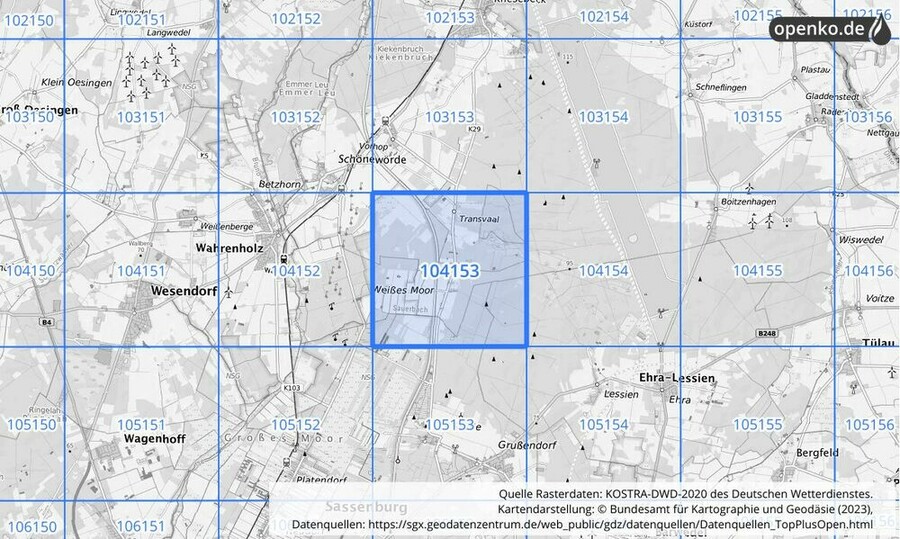 Übersichtskarte des KOSTRA-DWD-2020-Rasterfeldes Nr. 104153