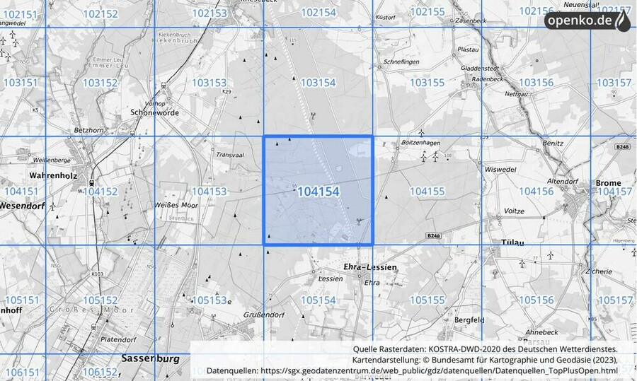 Übersichtskarte des KOSTRA-DWD-2020-Rasterfeldes Nr. 104154