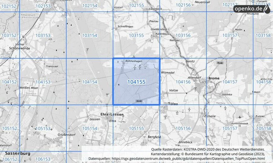 Übersichtskarte des KOSTRA-DWD-2020-Rasterfeldes Nr. 104155