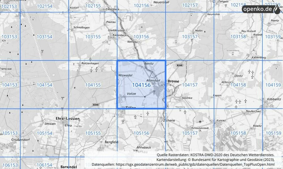 Übersichtskarte des KOSTRA-DWD-2020-Rasterfeldes Nr. 104156