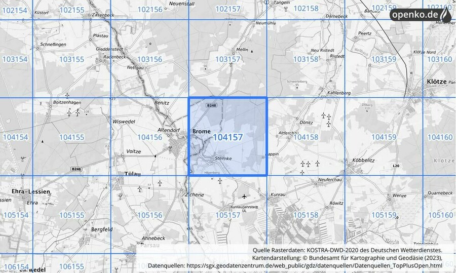 Übersichtskarte des KOSTRA-DWD-2020-Rasterfeldes Nr. 104157