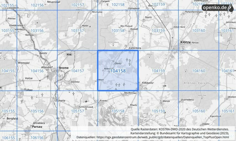 Übersichtskarte des KOSTRA-DWD-2020-Rasterfeldes Nr. 104158