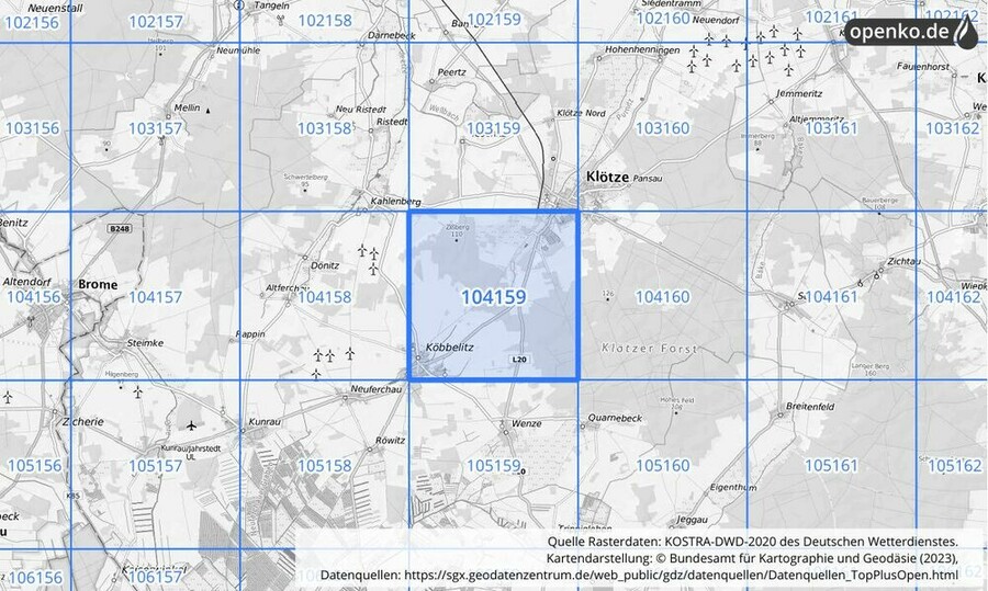 Übersichtskarte des KOSTRA-DWD-2020-Rasterfeldes Nr. 104159