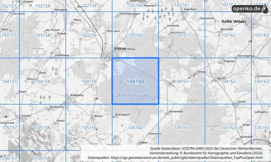 Übersichtskarte des KOSTRA-DWD-2020-Rasterfeldes Nr. 104160