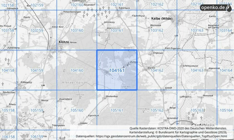 Übersichtskarte des KOSTRA-DWD-2020-Rasterfeldes Nr. 104161