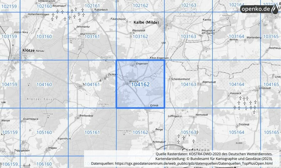 Übersichtskarte des KOSTRA-DWD-2020-Rasterfeldes Nr. 104162