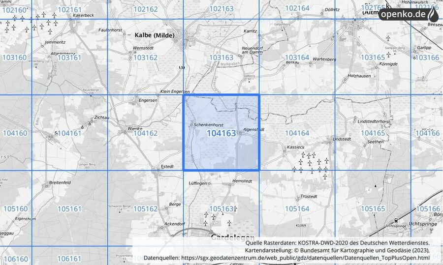 Übersichtskarte des KOSTRA-DWD-2020-Rasterfeldes Nr. 104163