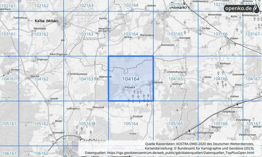 Übersichtskarte des KOSTRA-DWD-2020-Rasterfeldes Nr. 104164