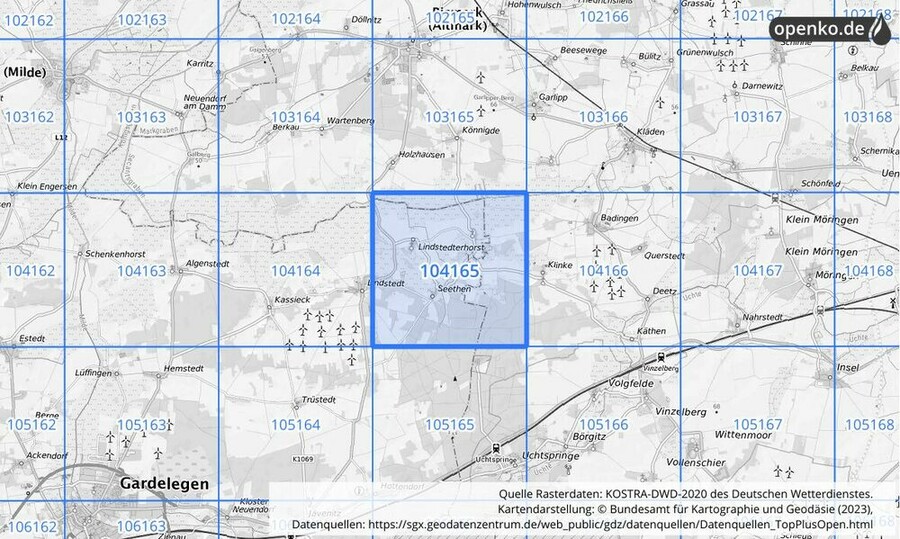 Übersichtskarte des KOSTRA-DWD-2020-Rasterfeldes Nr. 104165