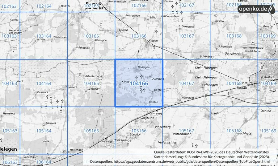 Übersichtskarte des KOSTRA-DWD-2020-Rasterfeldes Nr. 104166