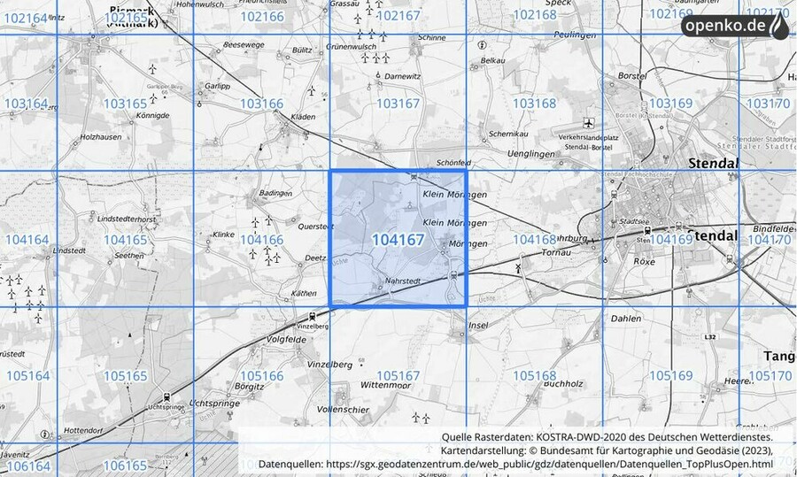 Übersichtskarte des KOSTRA-DWD-2020-Rasterfeldes Nr. 104167