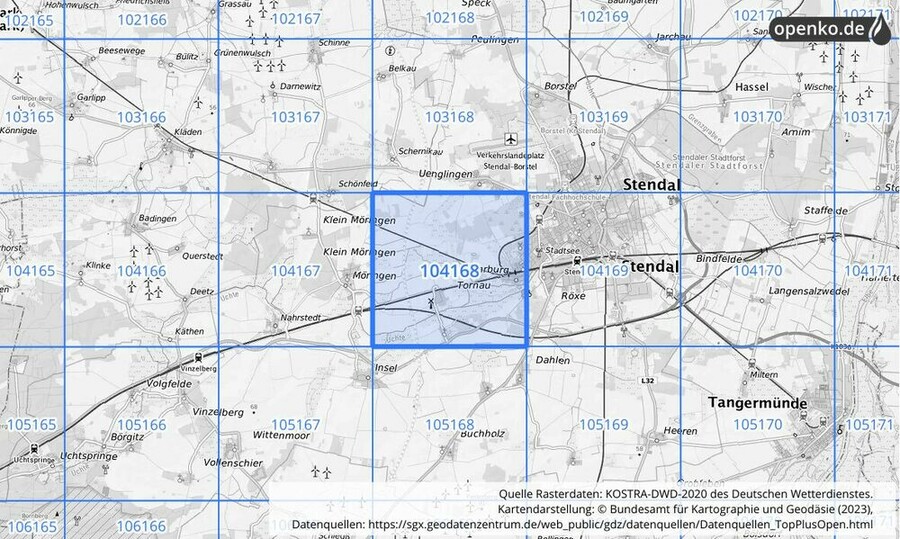 Übersichtskarte des KOSTRA-DWD-2020-Rasterfeldes Nr. 104168