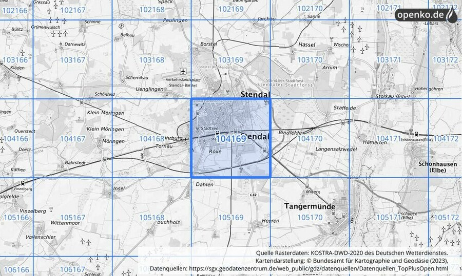 Übersichtskarte des KOSTRA-DWD-2020-Rasterfeldes Nr. 104169