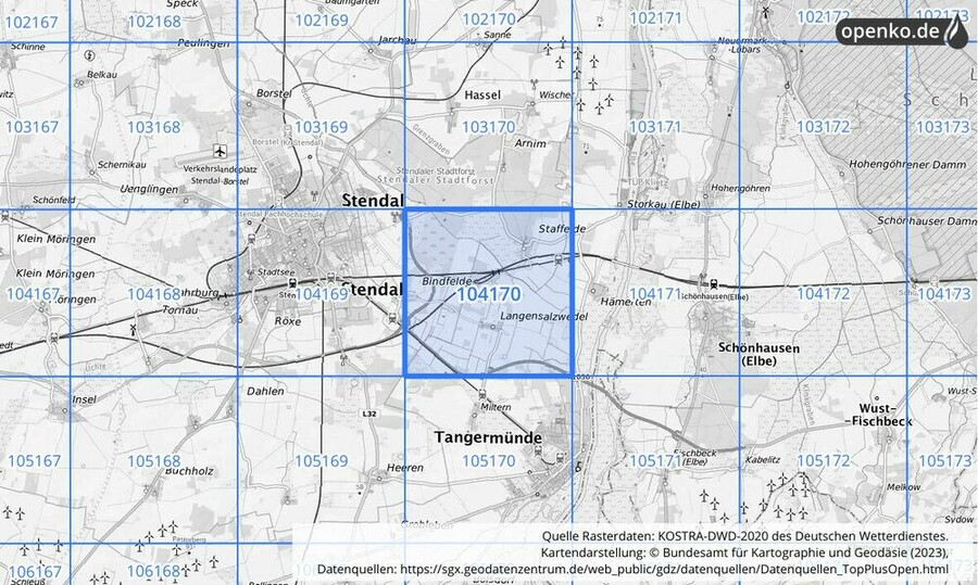 Übersichtskarte des KOSTRA-DWD-2020-Rasterfeldes Nr. 104170