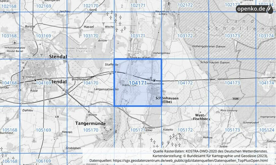 Übersichtskarte des KOSTRA-DWD-2020-Rasterfeldes Nr. 104171