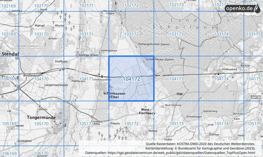 Übersichtskarte des KOSTRA-DWD-2020-Rasterfeldes Nr. 104172