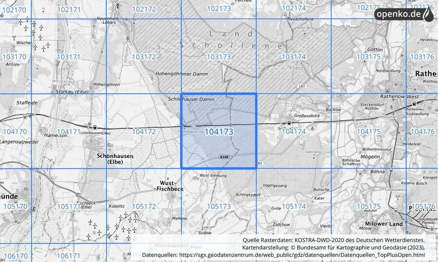 Übersichtskarte des KOSTRA-DWD-2020-Rasterfeldes Nr. 104173