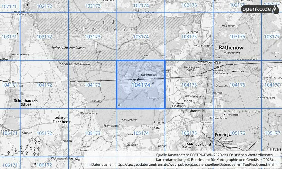 Übersichtskarte des KOSTRA-DWD-2020-Rasterfeldes Nr. 104174