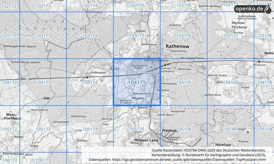 Übersichtskarte des KOSTRA-DWD-2020-Rasterfeldes Nr. 104175