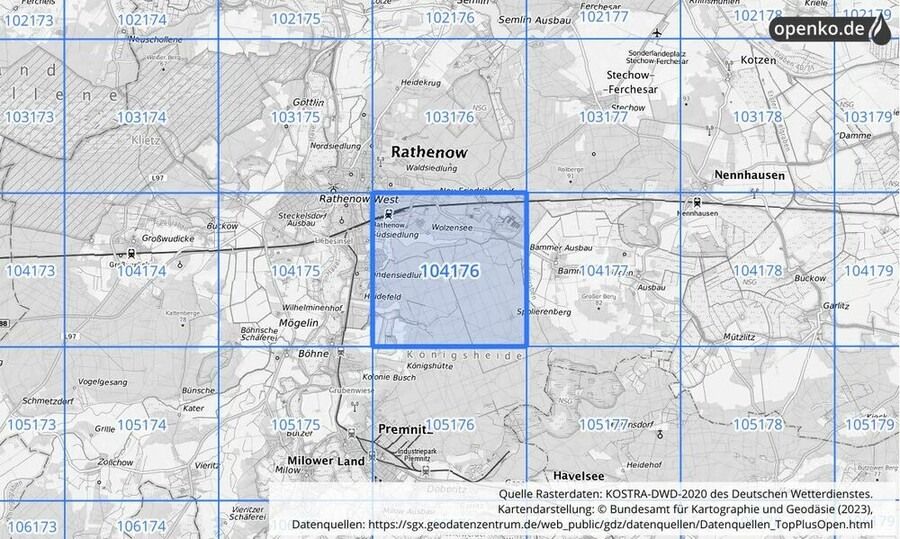 Übersichtskarte des KOSTRA-DWD-2020-Rasterfeldes Nr. 104176